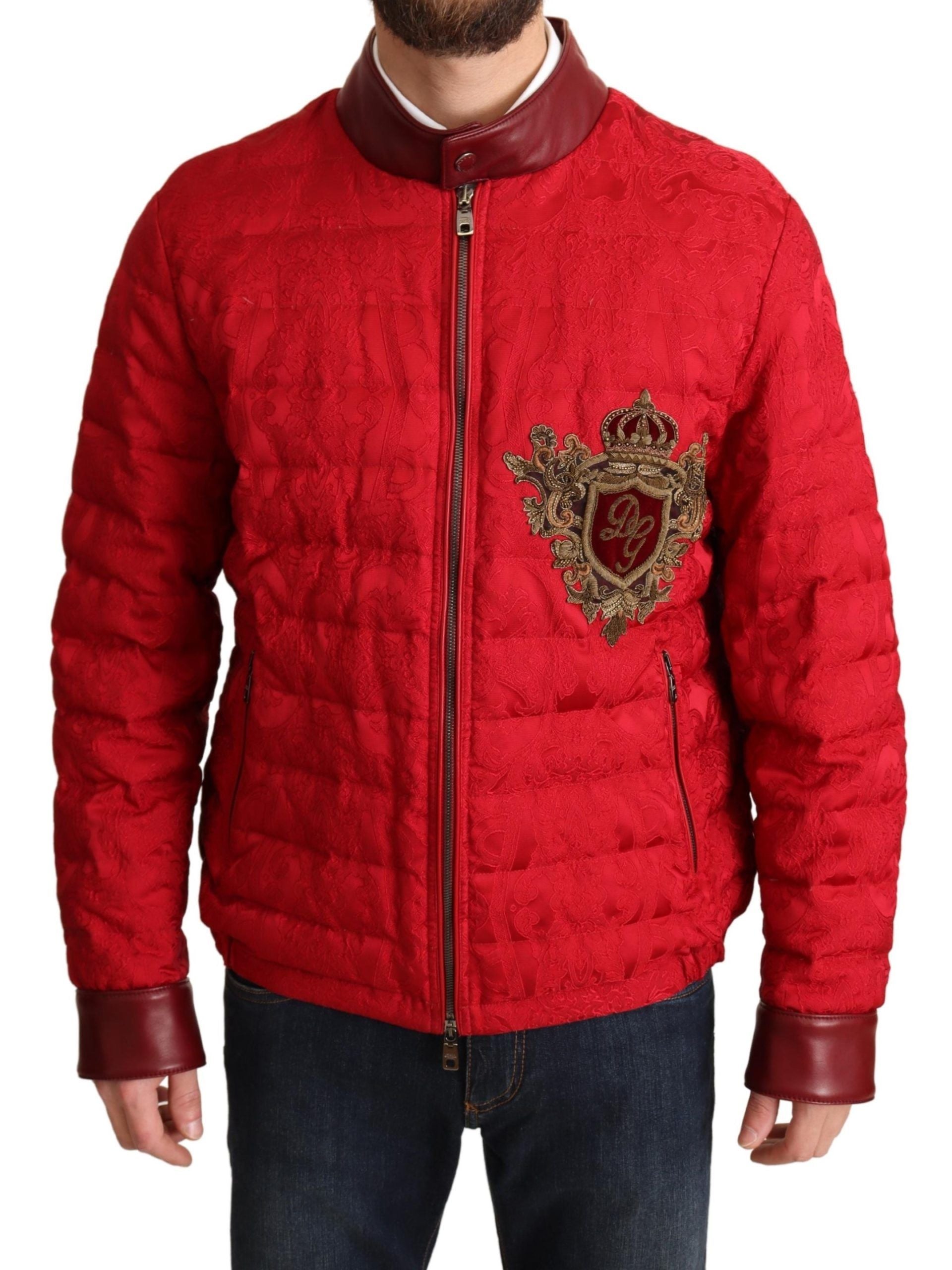 Dolce & Gabbana Kırmızı Brokar Bomber Altın Taç Logolu Ceket